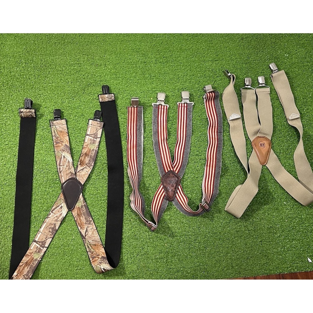 Vintage Suspenders Lot (3) Browning Camo Western USA leather Cotton 90s Flag
